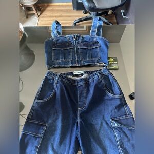 Denim Crop Top and Pants Set